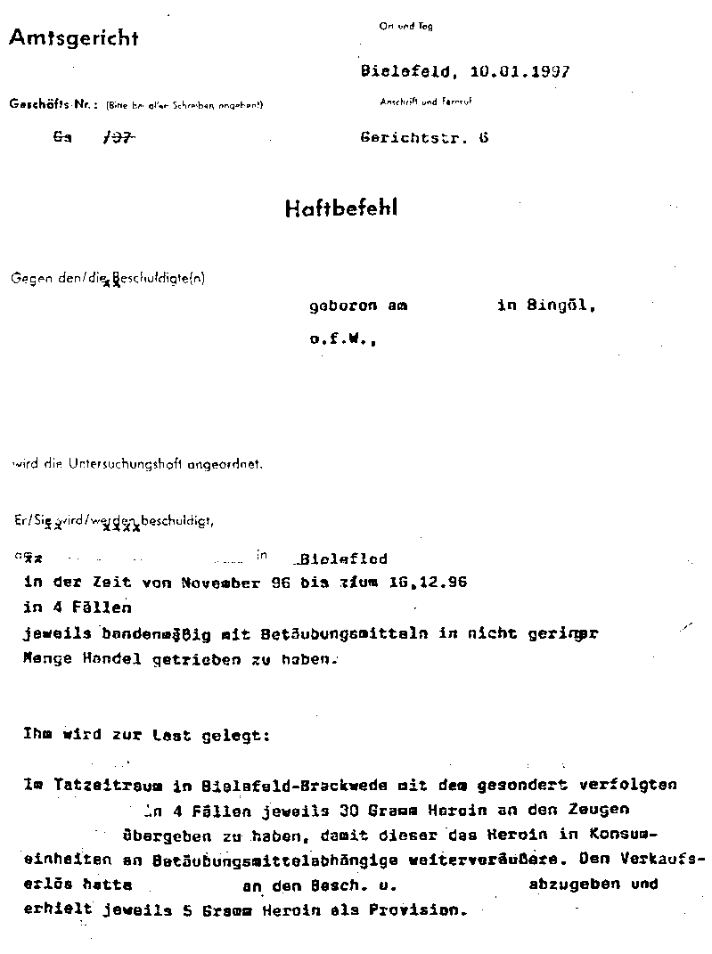 Haftbefehls des Amtsgerichts Bielefeld vom 10.01.1997 - Seite 1 -
